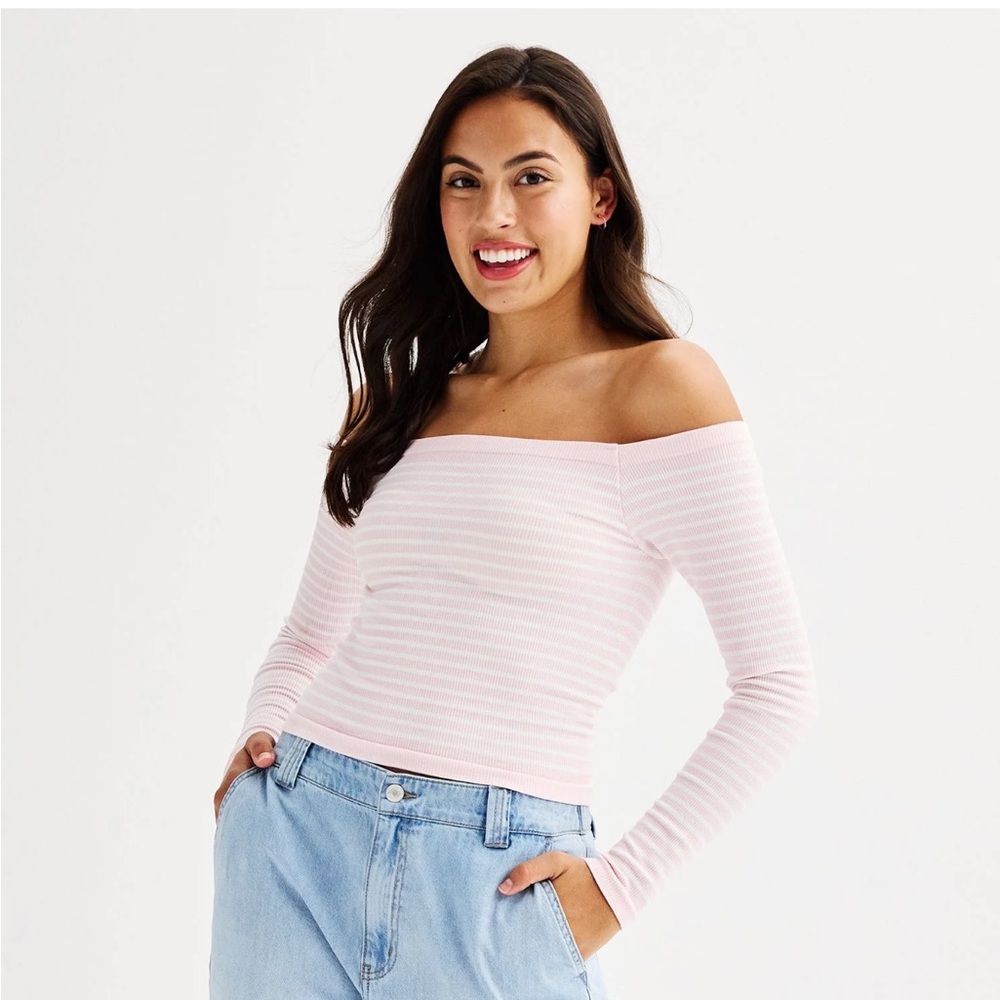 Harper and Ivy, pink and white Striped Off-Shoulder Long Sleeve Top